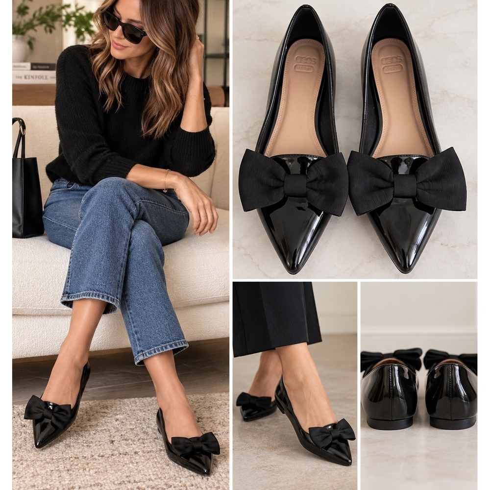ASOS Design Flats Black Patent Pointed Toe Bow Dressy Classic Size 10